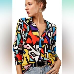 Big Dart Abstract 90s Colorful Long Sleeve Button Down Shirt Size 10 M